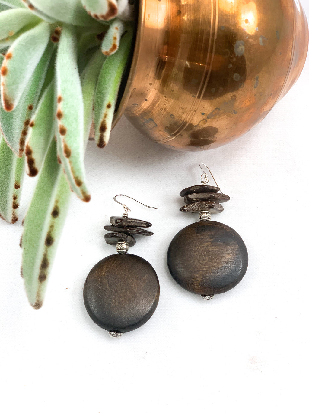 Chinese Maple Wood and Coconut Shell Chip Earrings