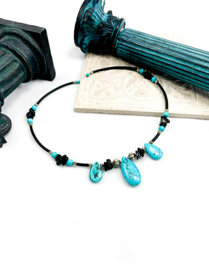Turquoise and Black Obsidian- Self Adjusting Chocker Necklace